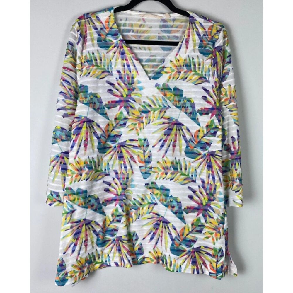 SOFT SURROUNDINGS Colorful Tropical Rainbow Sz Large Stretchy Canopy Tunic Shirt